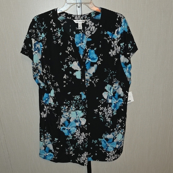 (J12) Croft & Barrow 2X Floral Black and Blue Women's Top - Picture 1 of 7